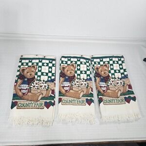 Vintage Franco County Fair Teddy Bear Kitchen Towels Set of 3 Fringe Woven READ